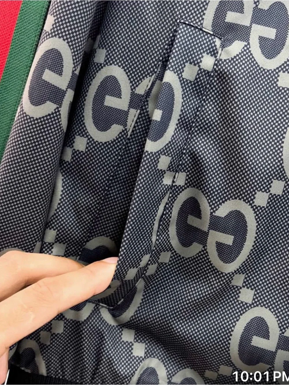 Gucci Gray GG Monogram Bomber Jacket with Green-Red Stripe